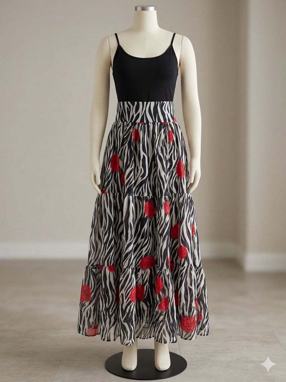 Vintage Collection Black Zebra Print Floral Tiered Maxi Skirt Size XL